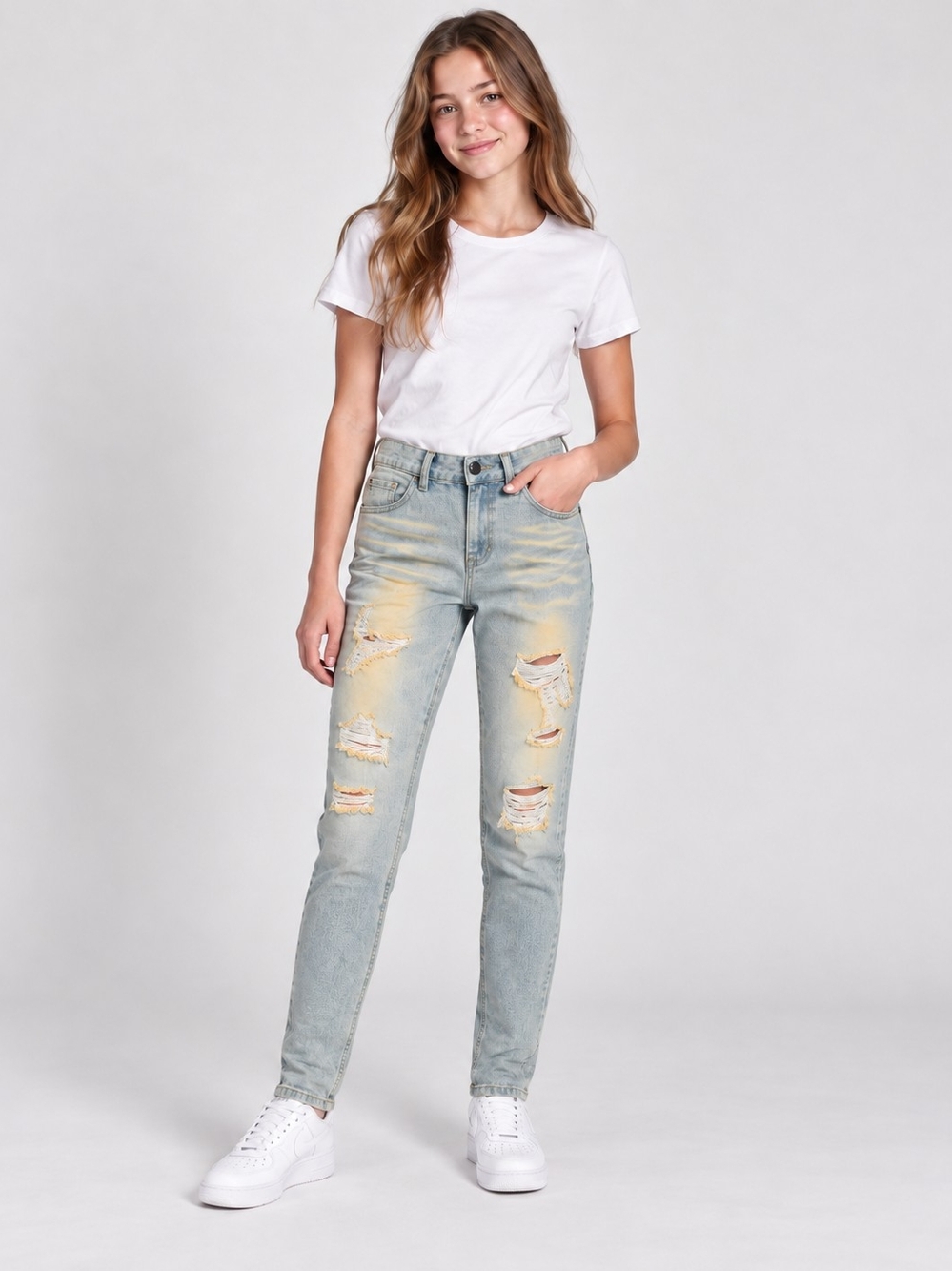 Girls 13-14Y Light Wash Distressed Ripped Straight Leg Jeans